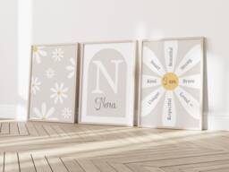 Girls Personalised Daisy Flower Prints A4 Or A3 Nursery Set Of Unframed Pink Grey Flowers Floral Ditsy Affirmation Quote - thumbnail 1