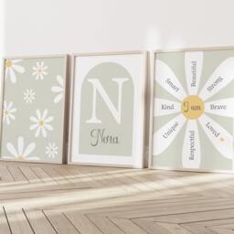 Girls Personalised Daisy Flower Prints A4 Or A3 Nursery Set Of Unframed Pink Grey Flowers Floral Ditsy Affirmation Quote - thumbnail 3