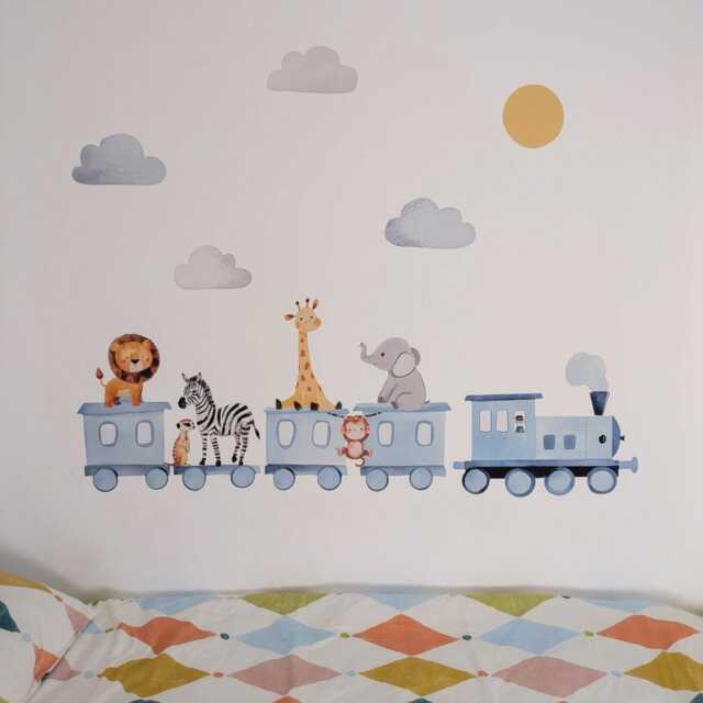 Fabric Nursery Wall Stickers - Train & Safari Animals Removable Decals For Kids' Bedroom Or Playroom - image 1