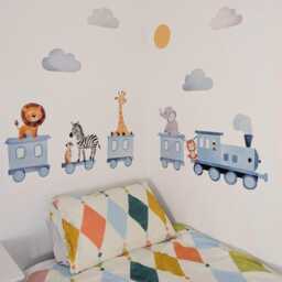 Fabric Nursery Wall Stickers - Train & Safari Animals Removable Decals For Kids' Bedroom Or Playroom - thumbnail 3