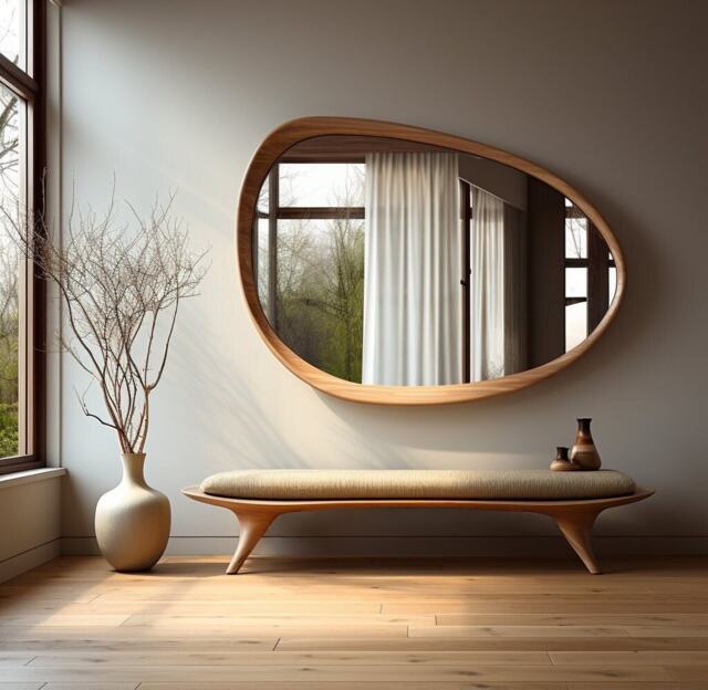 Asymmetrical Wooden Wall Mirror With Organic Frame, Handmade For Living Room Decoration - image 1