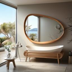 Asymmetrical Wooden Wall Mirror With Organic Frame, Handmade For Living Room Decoration - thumbnail 2