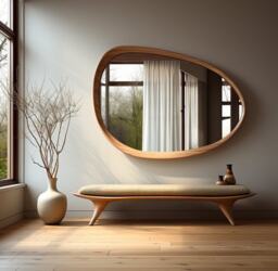 Asymmetrical Wooden Wall Mirror With Organic Frame, Handmade For Living Room Decoration - thumbnail 1