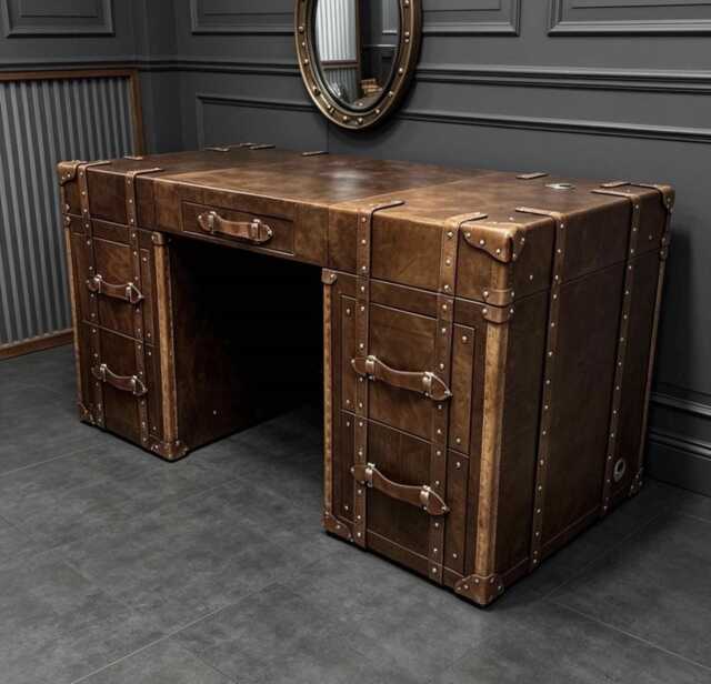 Hand-Dyed Leather Writing Desk Executive Furniture, Solid Wood Frame, Handmade Workspace - image 1