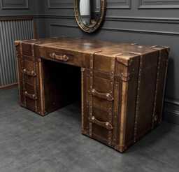 Hand-Dyed Leather Writing Desk Executive Furniture, Solid Wood Frame, Handmade Workspace - thumbnail 1