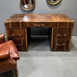 Hand-Dyed Leather Writing Desk Executive Furniture, Solid Wood Frame, Handmade Workspace - thumbnail 4