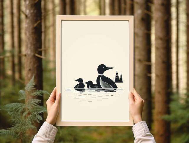 Minimalistic Vintage Loon Print - Earth Tones Art Cabin Lake Minnesota Artist Simple Nature - image 1