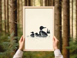 Minimalistic Vintage Loon Print - Earth Tones Art Cabin Lake Minnesota Artist Simple Nature - thumbnail 1