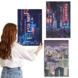3 Piece Canvas Set - Night Views Of Cities With Neon Lights, Navy Wall Art Large, Travels Decor - thumbnail 3