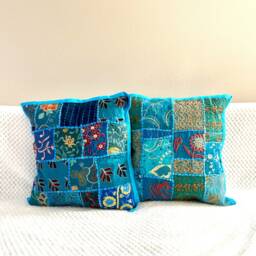 Handmade Embroidered Sari Patchwork Cotton Pillow Cover Indian Art. 40x40 cms, 16 Inches Square, Throw Bohemian, Ethnic Art.toronto Canada - thumbnail 1