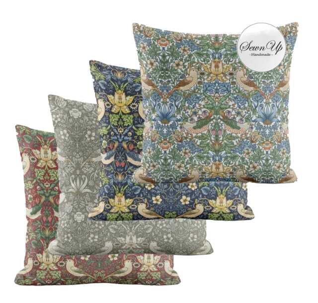 Outdoor Cushion Cover 29 Sizes William Morris Strawberry Thief Natural Handmade Nature Birds Animals Gift Waterproof Conservatory Garden - image 1
