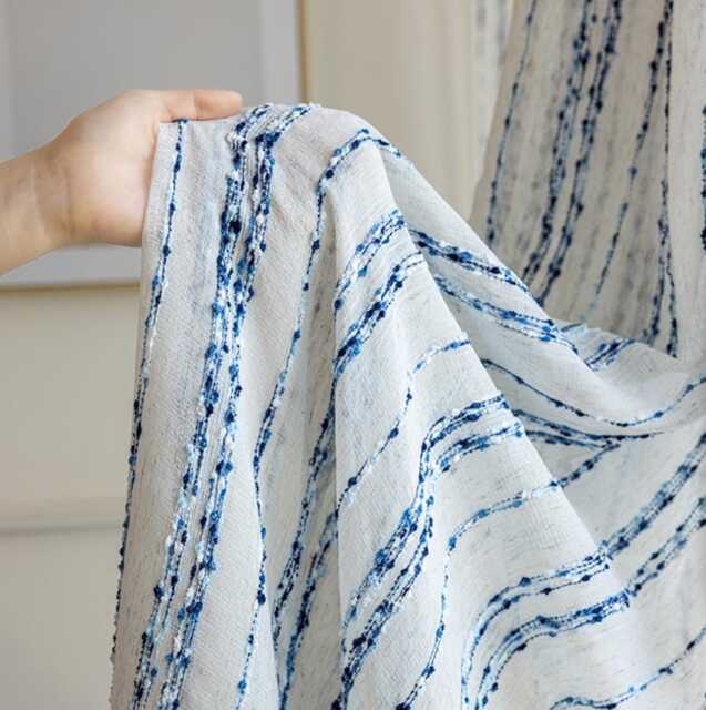 Blue Striped Sheer Curtains, Polyester Linen Panels, Coastal Window Drapes - image 1