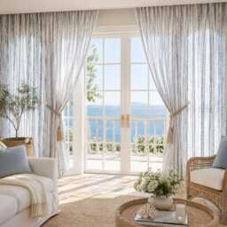 Blue Striped Sheer Curtains, Polyester Linen Panels, Coastal Window Drapes - thumbnail 2