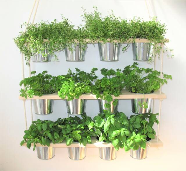 Hanging Herb Garden Indoor Planter With Zinc Pots & Wood Shelves - image 1