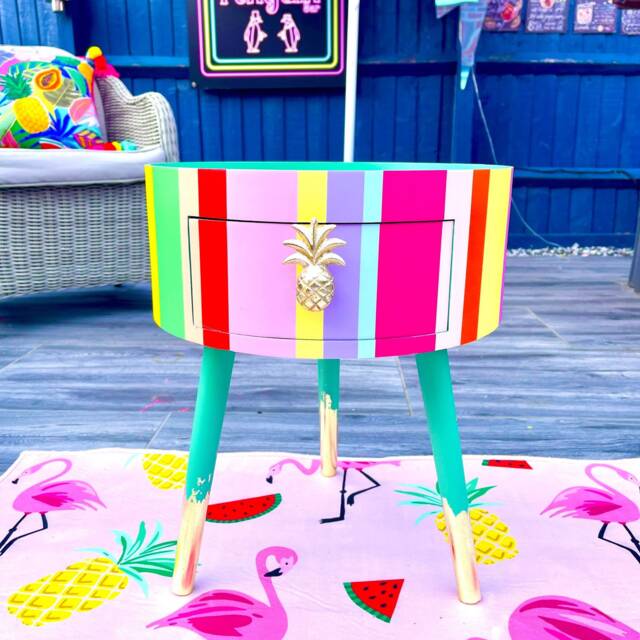Pastel Rainbow Stripe Multicoloured Round Side Table . Circular Wooden Bedside With Drawer. Ideal Nighstand Or - image 1