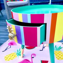 Pastel Rainbow Stripe Multicoloured Round Side Table . Circular Wooden Bedside With Drawer. Ideal Nighstand Or - thumbnail 2