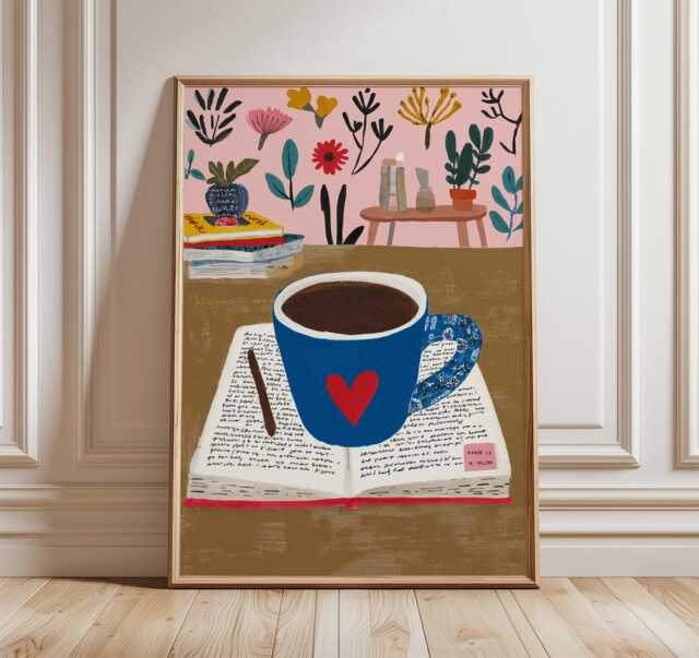 Morning Coffee Art Print, Cozy Reading Nook Wall Art, Nature Inspired Home Decor, Warm Modern Poster For Kitchen Or Living Room - image 1