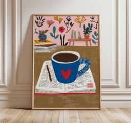 Morning Coffee Art Print, Cozy Reading Nook Wall Art, Nature Inspired Home Decor, Warm Modern Poster For Kitchen Or Living Room - thumbnail 1