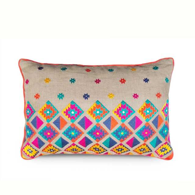 Embroidered Linen Pillow Cover, Colorful Kilim Design - image 1