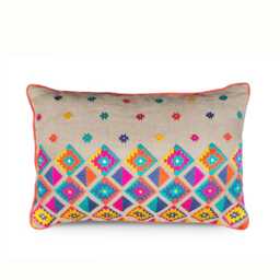 Embroidered Linen Pillow Cover, Colorful Kilim Design - thumbnail 1