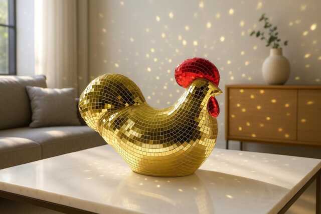 Disco Chicken Gold Figurine Real Glass Mirror Tile, 70S Retro Decor - image 1