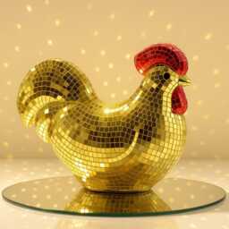 Disco Chicken Gold Figurine Real Glass Mirror Tile, 70S Retro Decor - thumbnail 2