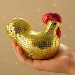 Disco Chicken Gold Figurine Real Glass Mirror Tile, 70S Retro Decor - thumbnail 4