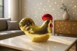 Disco Chicken Gold Figurine Real Glass Mirror Tile, 70S Retro Decor