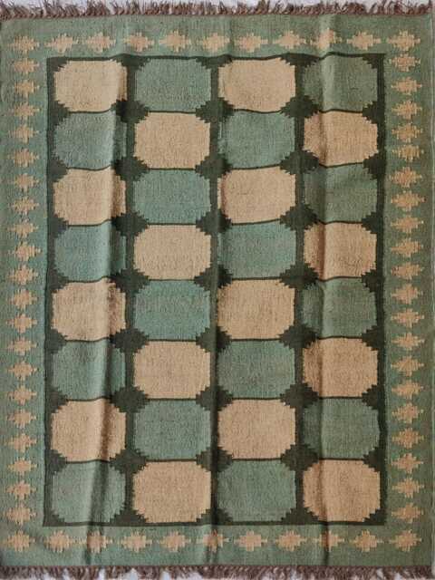 Handwoven Wool Jute Kilim Rug - Green Geometric Flatweave Reversible Natural Fibre Area Carpet - image 1