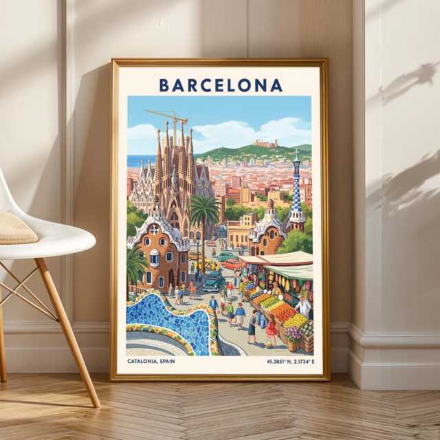 Barcelona Travel Poster Vintage Spain Art Print, Retro City View - image 1