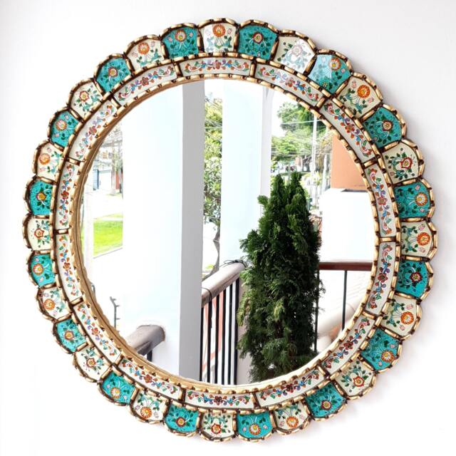 Round Turquoise Ivory & Gold Mirror 60cm - Elegant Boho Sunburst Wall Handmade Peruvian Decorative Statement - image 1