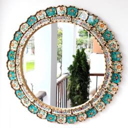 Round Turquoise Ivory & Gold Mirror 60cm - Elegant Boho Sunburst Wall Handmade Peruvian Decorative Statement