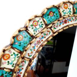 Round Turquoise Ivory & Gold Mirror 60cm - Elegant Boho Sunburst Wall Handmade Peruvian Decorative Statement - thumbnail 2