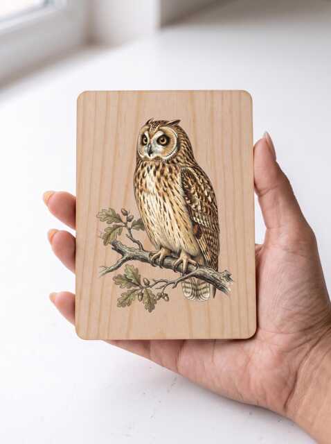 Short-Eared Owl Art Print - Vintage Moorland Wall Pine Wooden Postcard - image 1