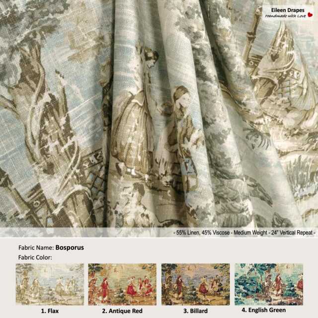 Bosporus - 4 Colors - Flax, Antique Red, Billard, English Green French Toile Victorian Country Linen Blend Curtain, Valance Custom Drapery - image 1