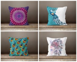 Peacock Cushion Cover-Peacock Feather Pillow Case-Turquoise Decorative Case-Tropical Cover-Gift For Her-Handmade Material
