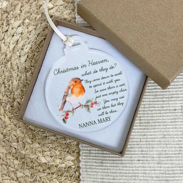 Christmas in Heaven Memorial Bauble, in Memory At Christmas, Remembrance Poem Ornament, Loving Xmas Tree Decoration, Robins Appear - image 1