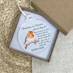 Christmas in Heaven Memorial Bauble, in Memory At Christmas, Remembrance Poem Ornament, Loving Xmas Tree Decoration, Robins Appear - thumbnail 1