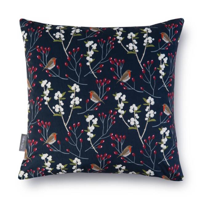 Celina Digby?? Designer Luxury Soft Touch Velvet Cushion Cover Pillow Christmas Festive Design - Robin & Berries Navy, Available in 2 Sizes - image 1