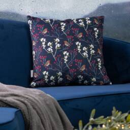 Celina Digby?? Designer Luxury Soft Touch Velvet Cushion Cover Pillow Christmas Festive Design - Robin & Berries Navy, Available in 2 Sizes - thumbnail 2