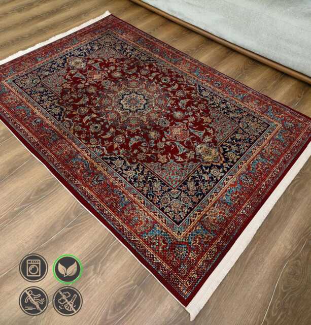Red Medallion Chenille Rug Washable Navy Floral Border, Traditional Style - image 1
