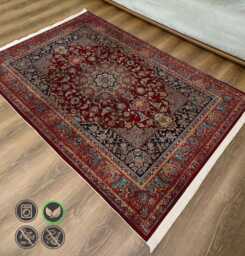 Red Medallion Chenille Rug Washable Navy Floral Border, Traditional Style - thumbnail 1
