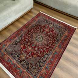 Red Medallion Chenille Rug Washable Navy Floral Border, Traditional Style - thumbnail 4
