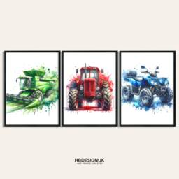 Farm Vehicle Print Set - 3 Watercolour Posters - Boys Bedroom Artwork Wall Art Red, Blue, Green Construction Decor Picture - thumbnail 1