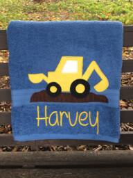 Embroidered Excavator Bath Towel, Personalized Kids Towel