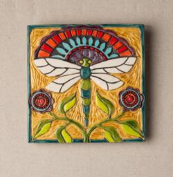 Majestic Dragonfly, Mounted Handmade Tile Ceramic & Mosaic Wall Art, 8 Inch Square Tile, Made To Order - Winged Wonders - thumbnail 1