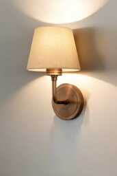 Antique Wall Sconce With Fabric Lamp Shade - Mid Century Brass Minimalist Bedside Lighting Farmhouse Light - thumbnail 1