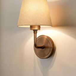 Antique Wall Sconce With Fabric Lamp Shade - Mid Century Brass Minimalist Bedside Lighting Farmhouse Light - thumbnail 2