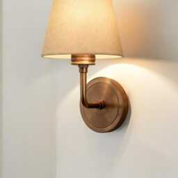 Antique Wall Sconce With Fabric Lamp Shade - Mid Century Brass Minimalist Bedside Lighting Farmhouse Light - thumbnail 3
