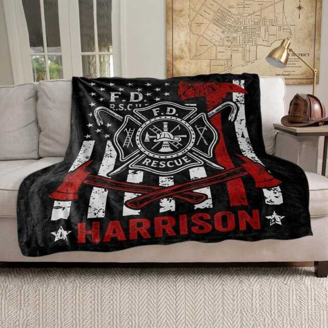 Personalized Firefighter Blanket, Custom Name Sherpa Fleece Throw Blankets, Gift For Fireman Dad - image 1